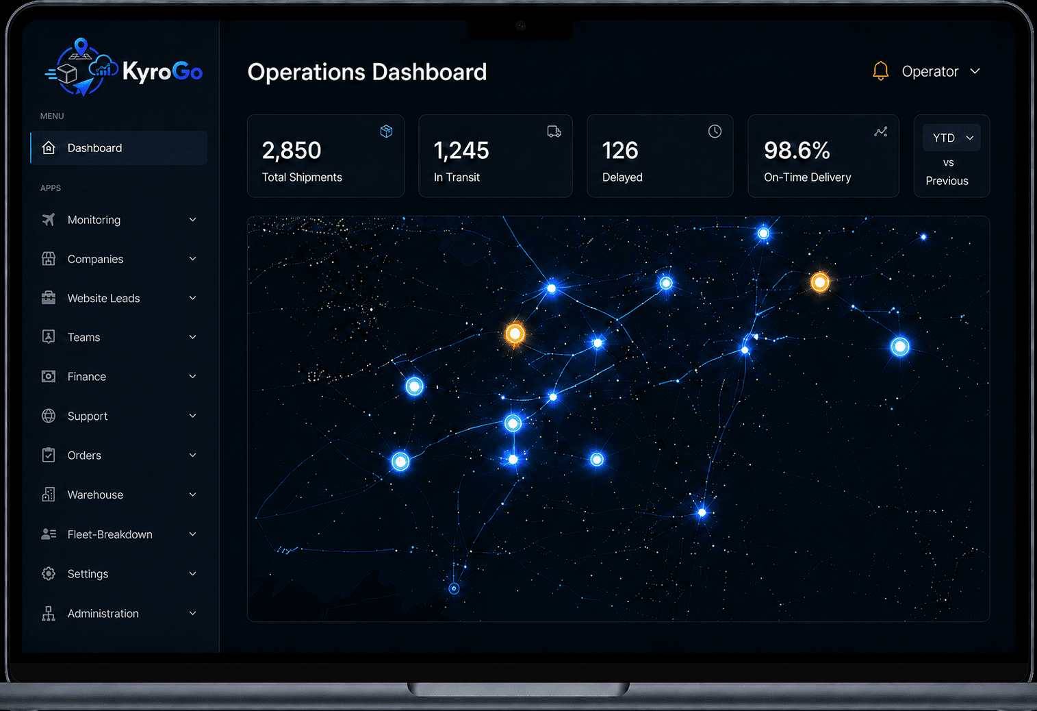 KyroGo operations dashboard showing live shipments and delivery performance