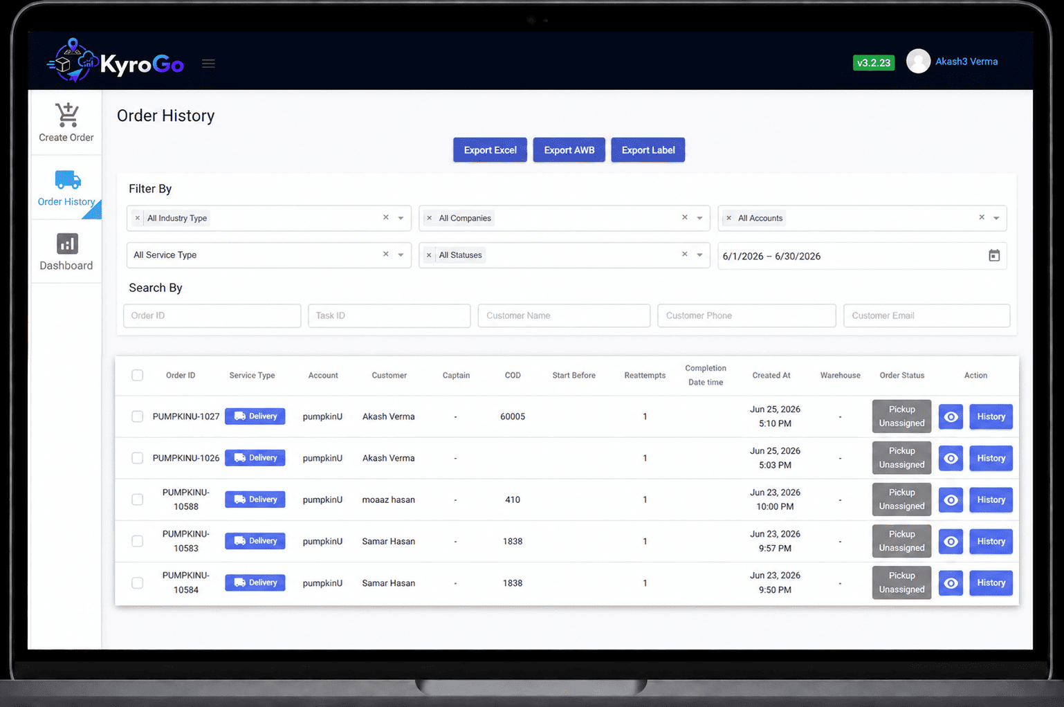 Merchant shipment management dashboard